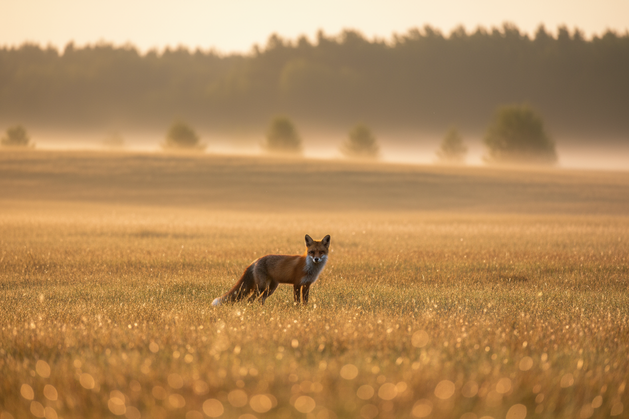 wide, atmospheric landscape or wildlife shots — something that represents the essence of the photography work (e.g., fox in field, misty forest, or soft morning light).